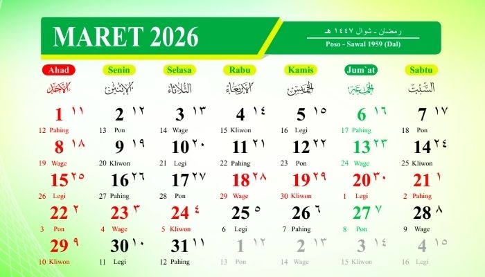 Kalender Jawa 23–29 Maret 2026: Weton, Pasaran, dan Neptu untuk Sepekan ke Depan