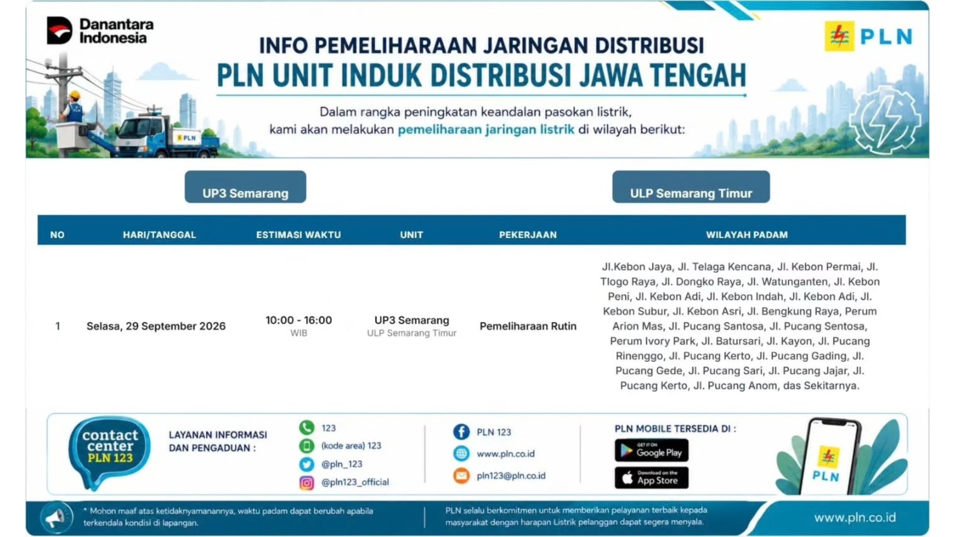 PLN Umumkan Pemeliharaan Jaringan di Semarang Timur, Listrik Padam 6 Jam