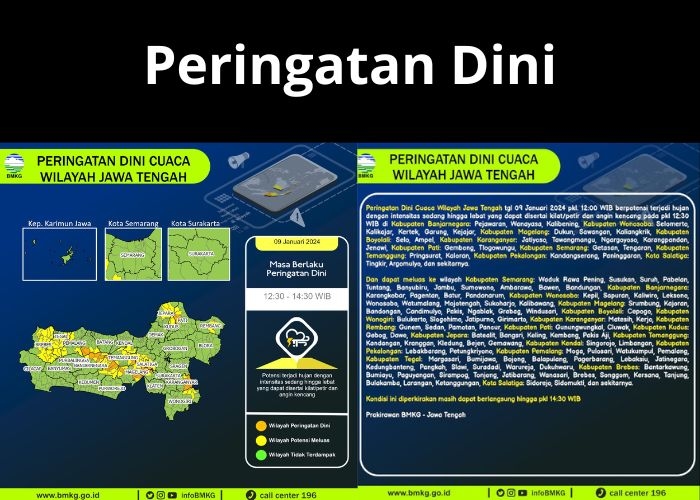 Peringatan Dini Cuaca: Hujan Lebat, Kilat/Petir, dan Angin Kencang di Jawa Tengah 9 Januari 2023 Pukul 12.30 WIB