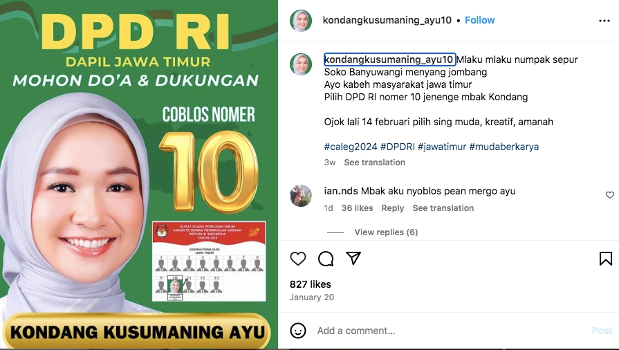 Profil Instagram TikTok Kondang Kusumaning Ayu, Calon DPD RI Dapil Jatim yang Viral karena Cantik, Fakta Terbaru Bikin Kaget