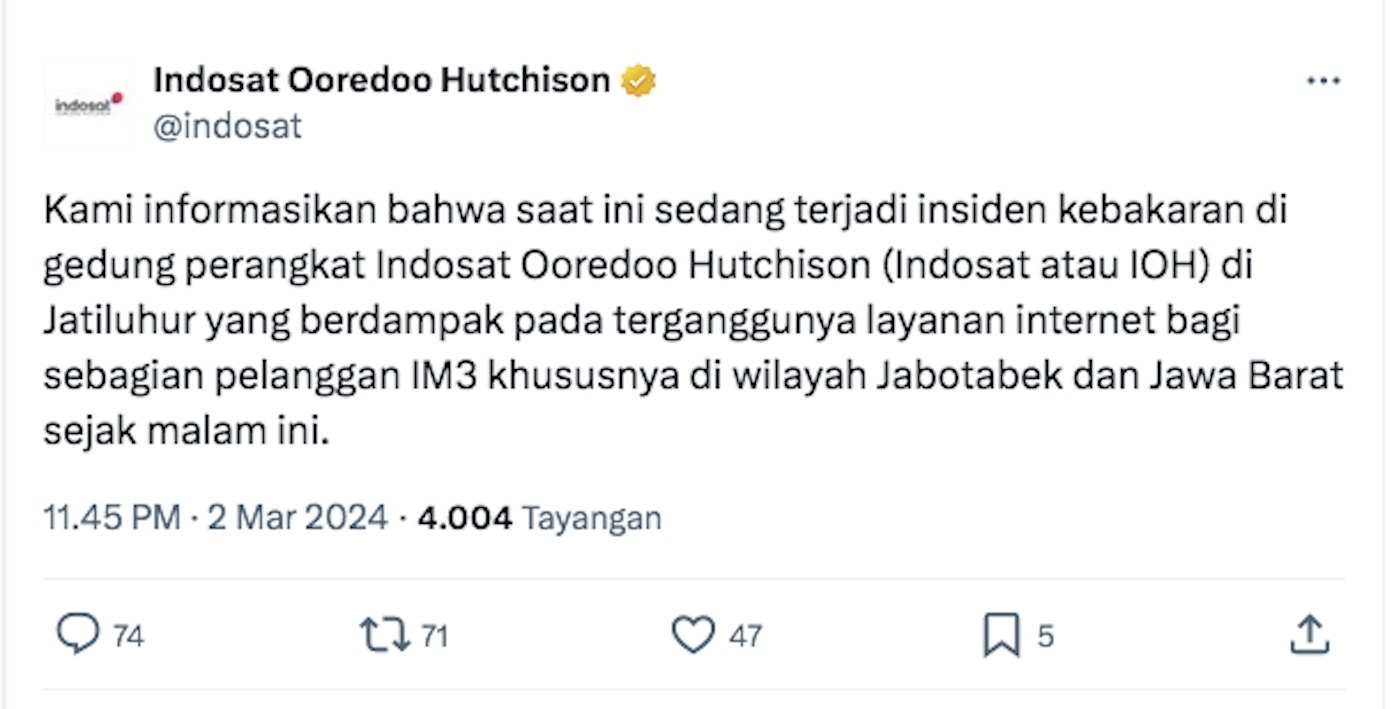 INDOSAT Ungkap Penyebab Gangguan Sinyal No Service di Wilayah Jabotabek -Jabar Hari Ini Sabtu 2 Maret 2024