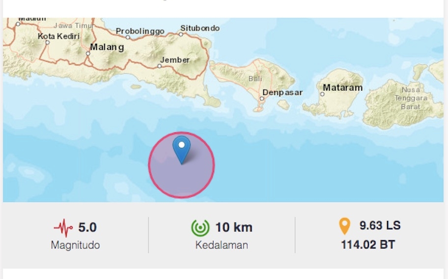 GEMPA GUNCANG BALI, Gempa Bumi 5,0 MAGNITUDO Guncang Jembrana Bali MALAM INI, BMKG : Tidak Berpotensi Tsunami