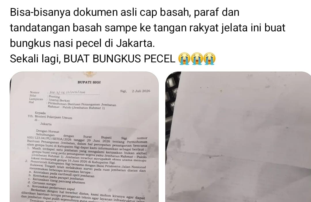 Viral di Jakarta! Surat Asli Bupati Sigi Berisi Permohonan Bantuan Jembatan Malah Jadi Bungkus Nasi Pecel, Ini Isi Lengkapnya