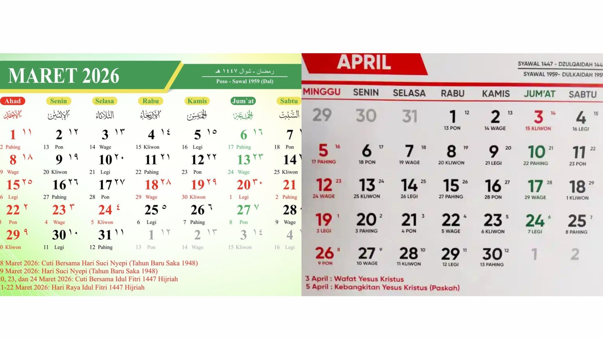 Kalender Jawa Akhir Maret-Awal April 2026: Minggu Kliwon hingga Ahad Pahing, Lengkap Neptu dan Hijriah