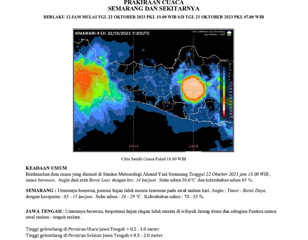 Prakiraan Cuaca Semarang yang Berlaku 22 Oktober 2023 Pukul 19.00 WIB sampai 07.00 WIB Esok Hari