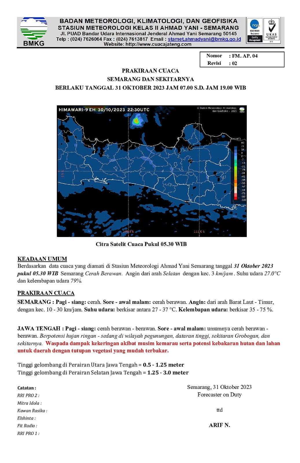 Prakiraan Cuaca Kota Semarang dan Jawa Tengah Hari Selasa 31 Oktober 2023