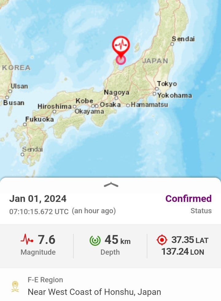 Gempa Kuat 7.6 SR Guncang Pantai Barat Honshu, Jepang, Berpotensi Tsunami