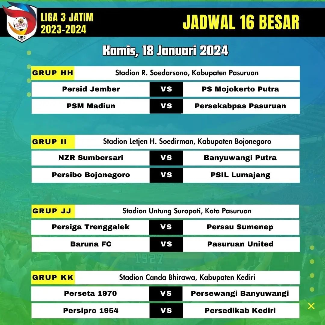 CEK Jadwal Liga 3 Jatim Babak 16 Besar Hari Ini, Kamis 17 Januari 2024