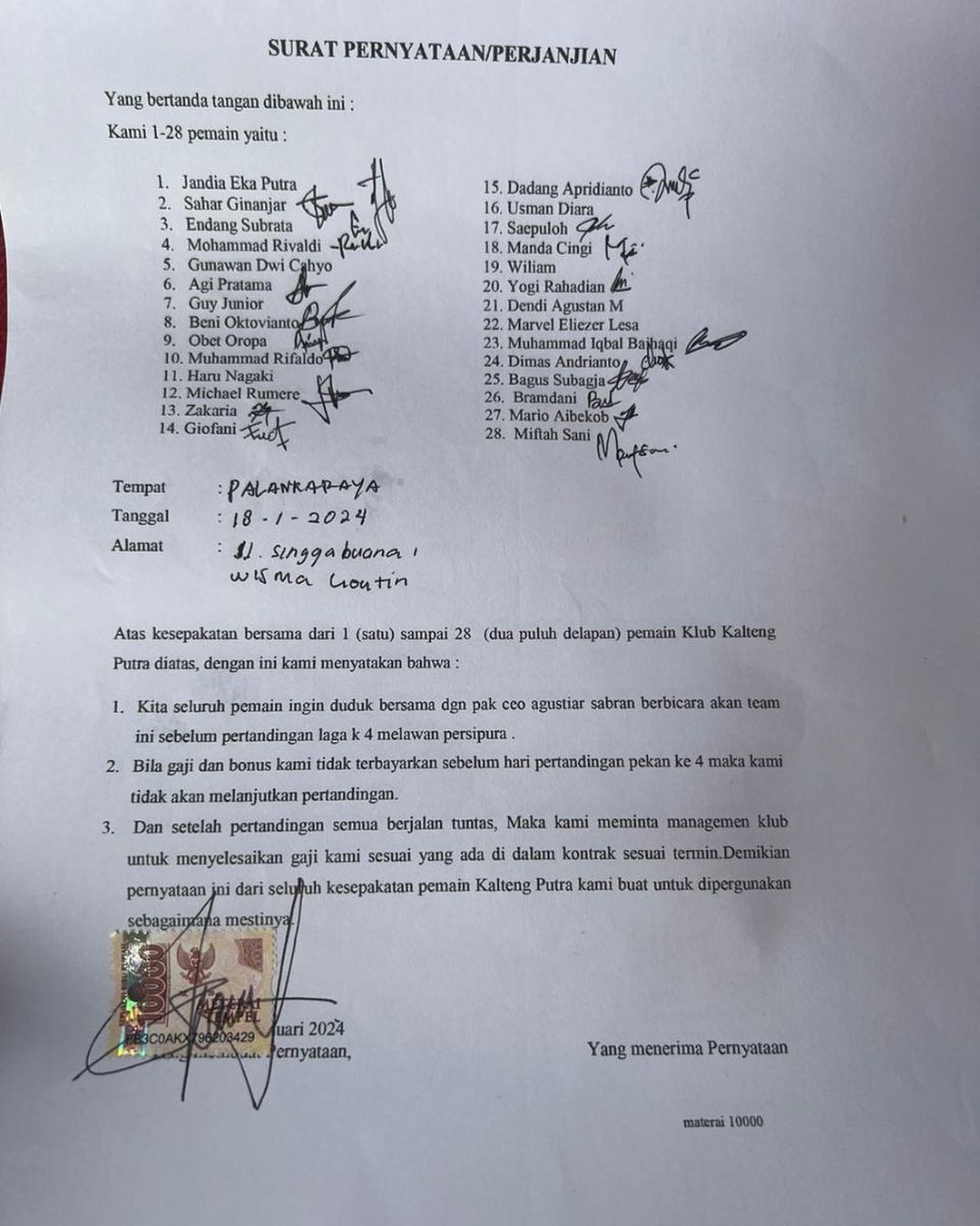 Ultimatum Pemain Kalteng Putra: Penuhi Kontrak atau Kami Tak Bermain