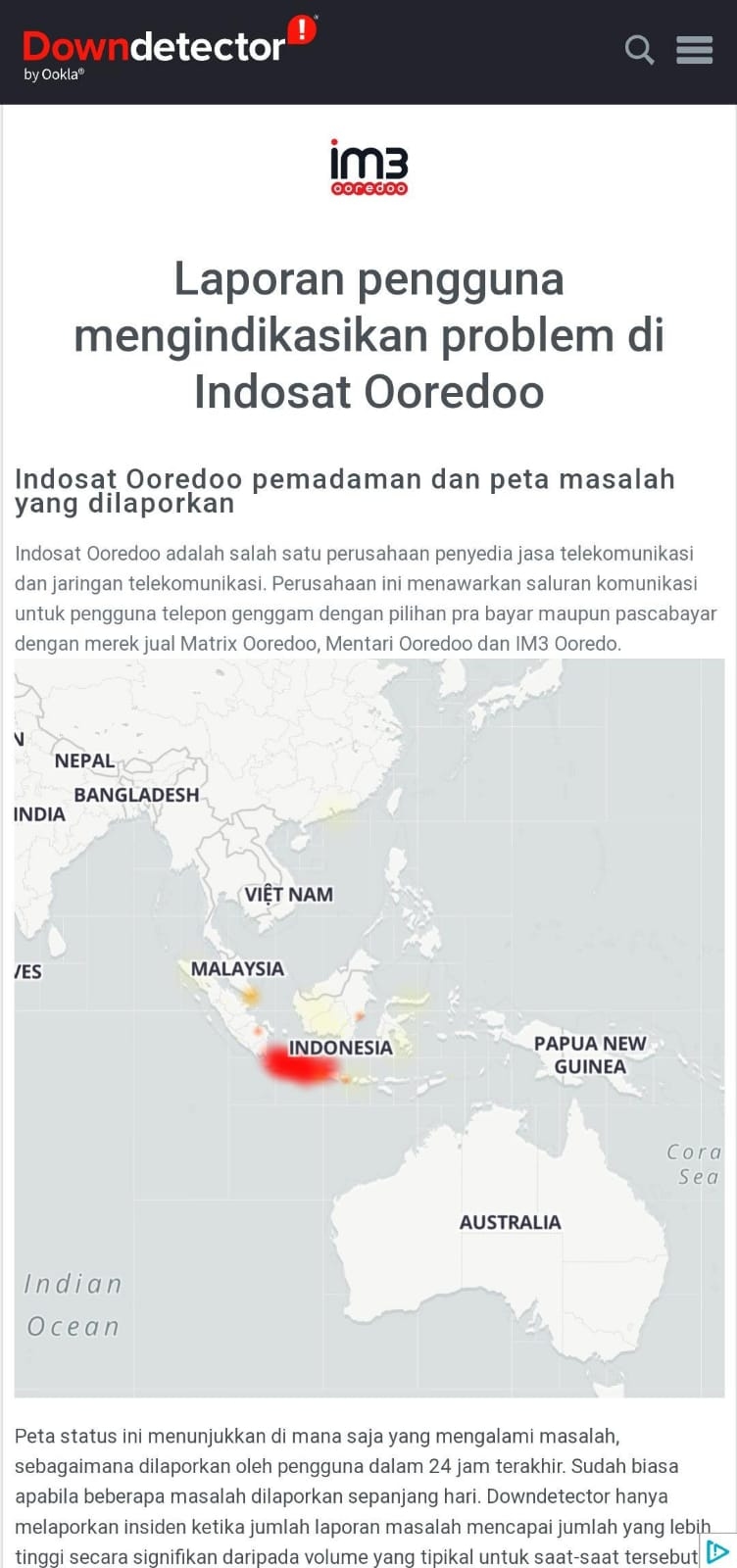 Indosat Ooredoo Dalam Sorotan, Peta Downdetector Tandai Wilayah yang Krisis Jaringan