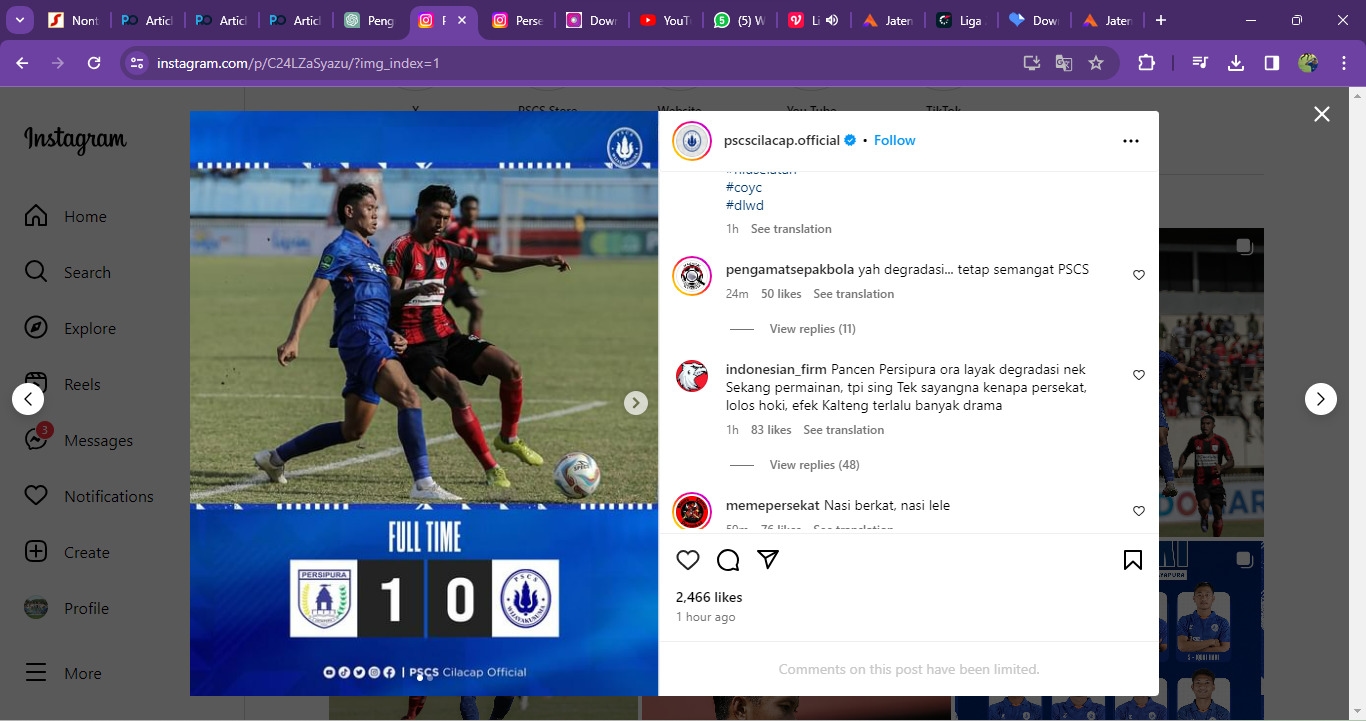 PSCS Cilacap Terdegradasi ke Liga 3 Setelah Kekalahan dari Persipura, Netizen Serbu Instagram Laskar Hiu Selatan