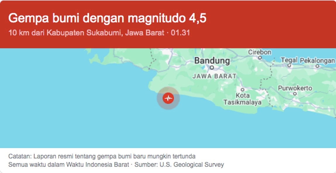 UPDATE Gempa Sukabumi Hari Ini, Gempa Magnitudo 4,5 Guncang Kabupaten Sukabumi, Getaran Terasa hingga Cianjur