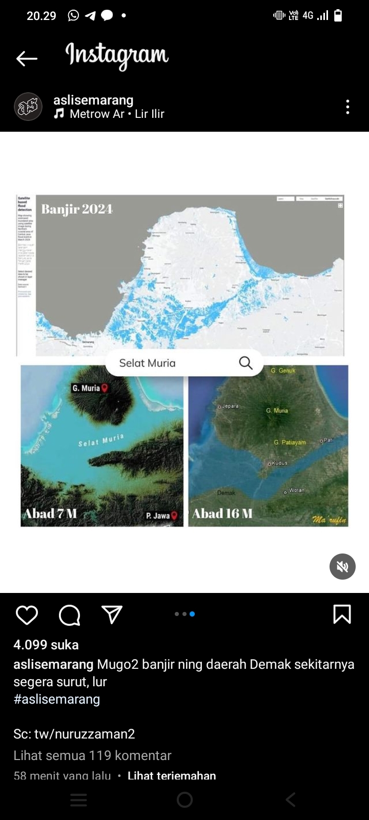 Gambar Citra Satelit Banjir Demak Membentuk Pola Selat Muria Abad ke 7 dan ke 16 M, Apakah Cuma Kebetulan?