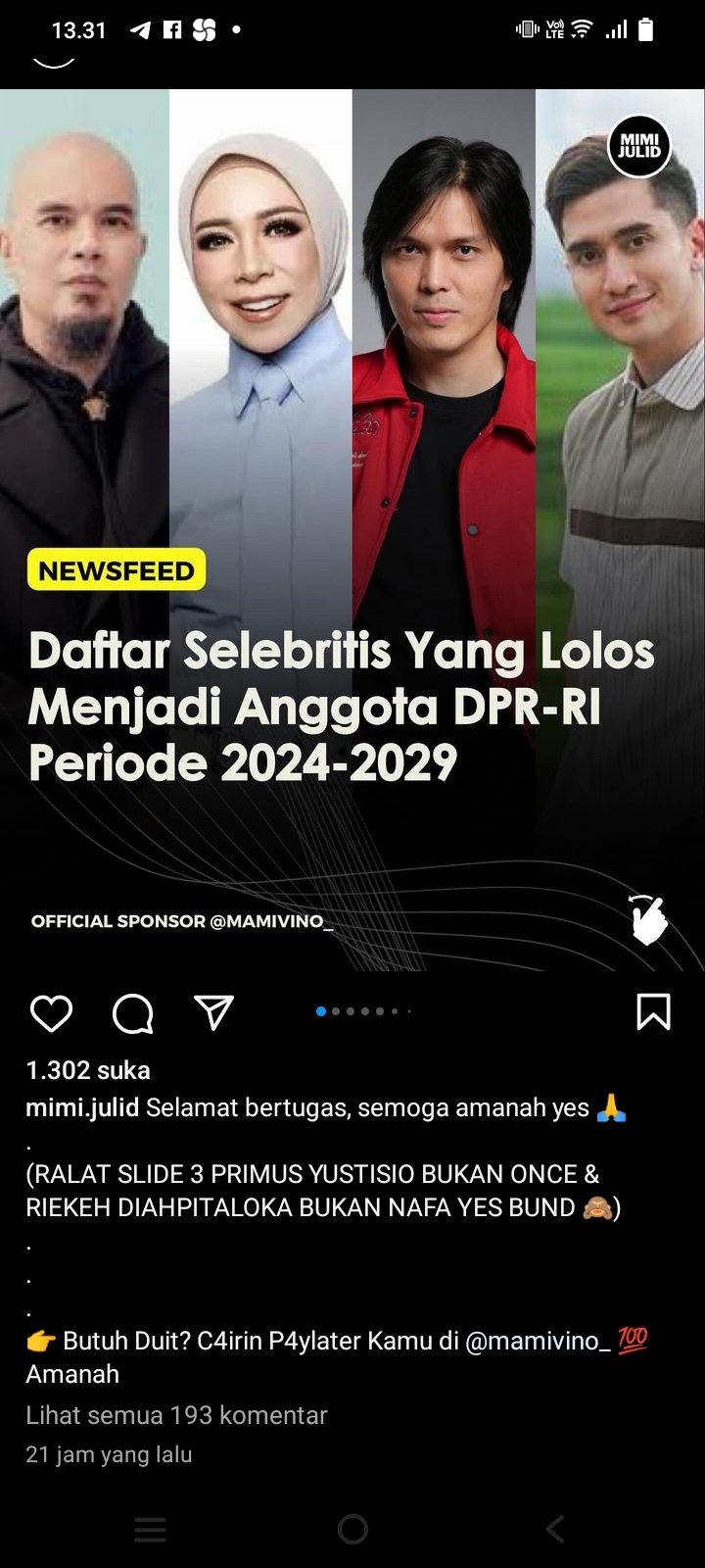 Ini 20 Artis Yang Lolos Jadi Anggota DPR RI