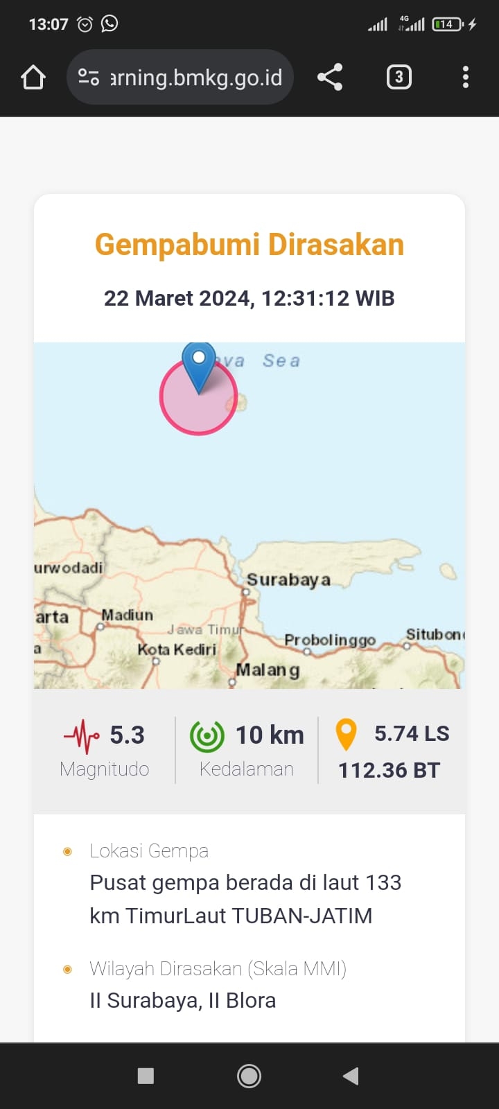 UPDATE! Gempa Tuban Gempa Susulan Kembali Terjadi 5,3 M Gempa Terkini 2 Menit Lalu Getaran Terasa di Surabaya - Blora