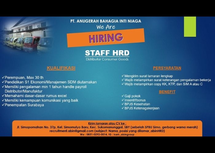 DIBUKA LOWONGAN PEKERJAAN! PT Anugrah Bahagia Inti Niaga Mencari Staf HRD Baru, Cek Kualifikasinya!