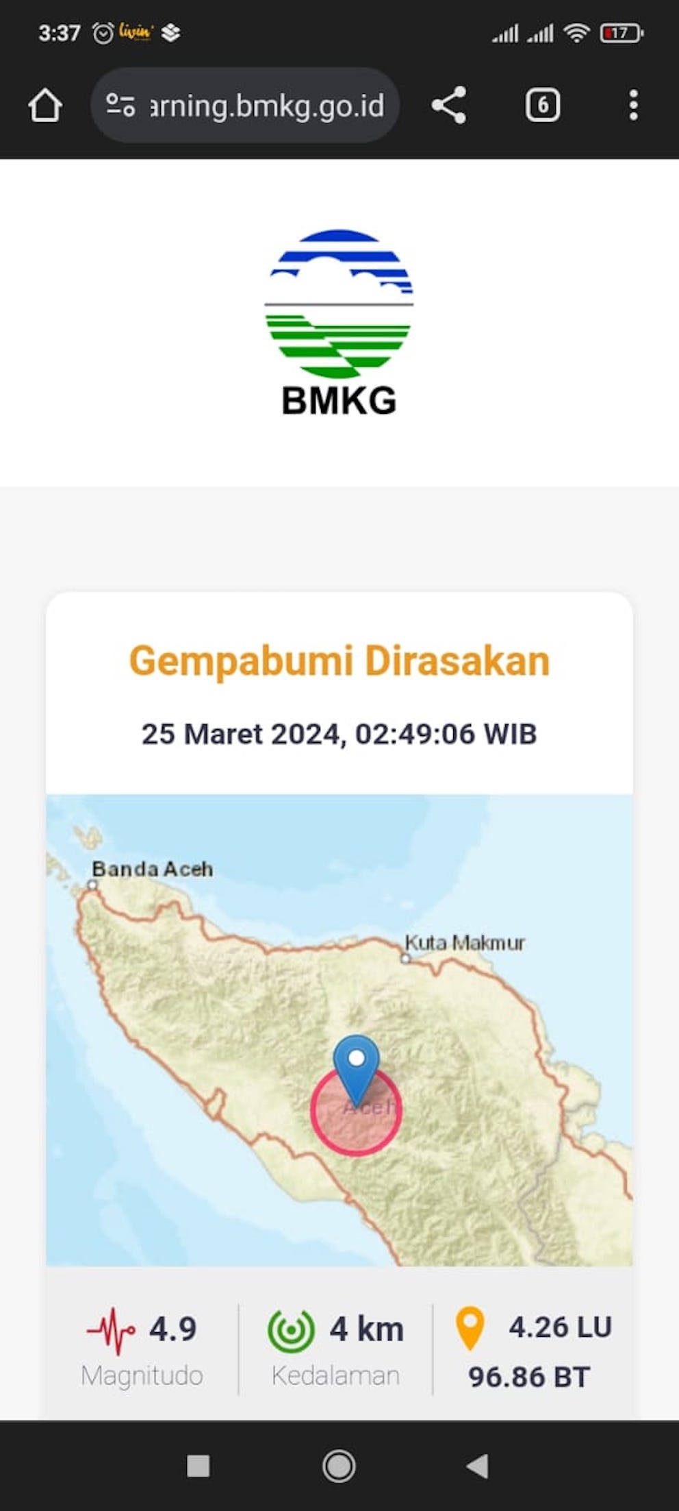 Gempa Aceh Gempa Terkini 2 Menit yang Lalu, Gempa 4.9 Magnitudo Landa Aceh Tengah Getaran Terasa di Takeong Gayo Lues, Senin Dini Hari Ini