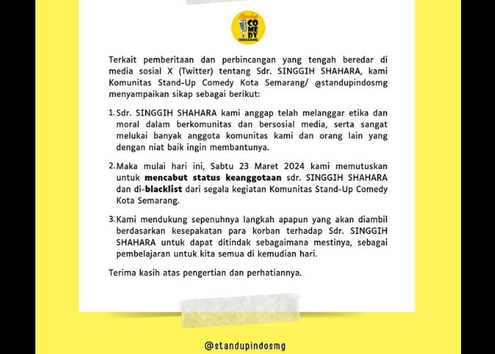 Skandal Penipuan yang Dilakukan Komika Singgih Sahara Memunculkan Reaksi Tegas dari Komunitas Stand Up Indo Semarang