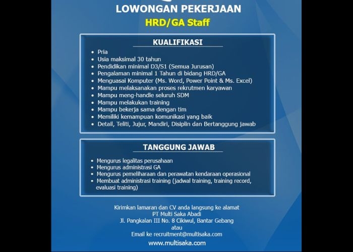 DIBUTUHKAN SEGERA! PT Multi Saka Abadi Membuka Lowongan Kerja Staf HRD GA, Cek Kualifikasinya