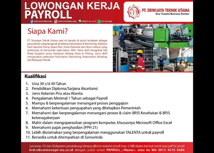 DIBUTUHKAN KARYAWAN BARU SEGERA! PT Sriwijaya Teknik Utama Membuka Lowongan Kerja Posisi Payroll