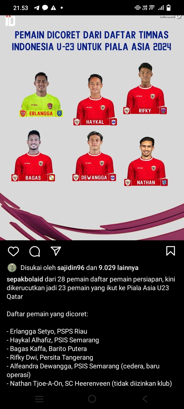 6 Pemain Dicoret dari Daftar Timnas Indonesia U23 untuk Piala Asia 2024