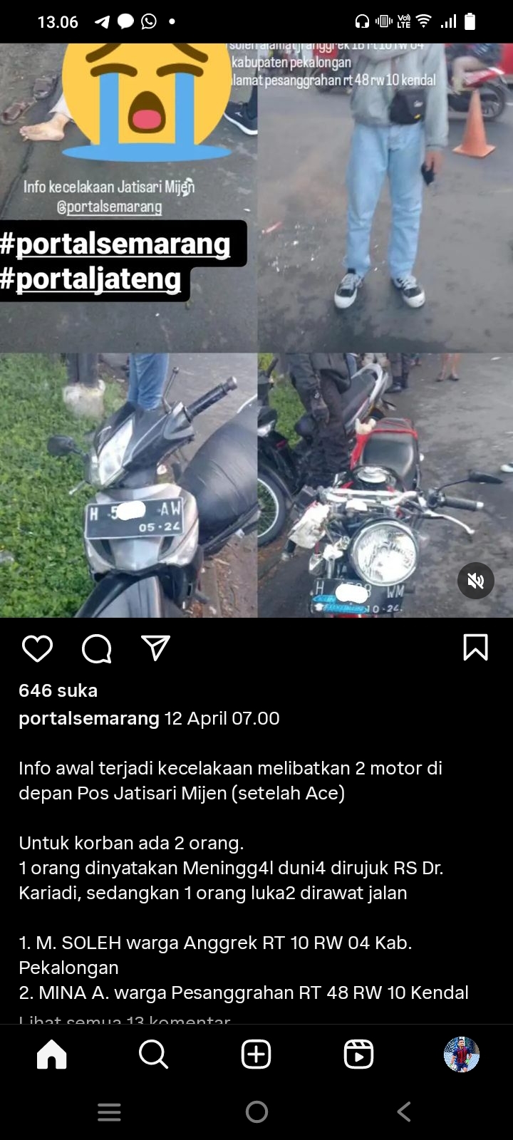 Adu Banteng Dua Sepeda Motor di Jatisari Mijen Semarang, Satu Meregang Nyawa