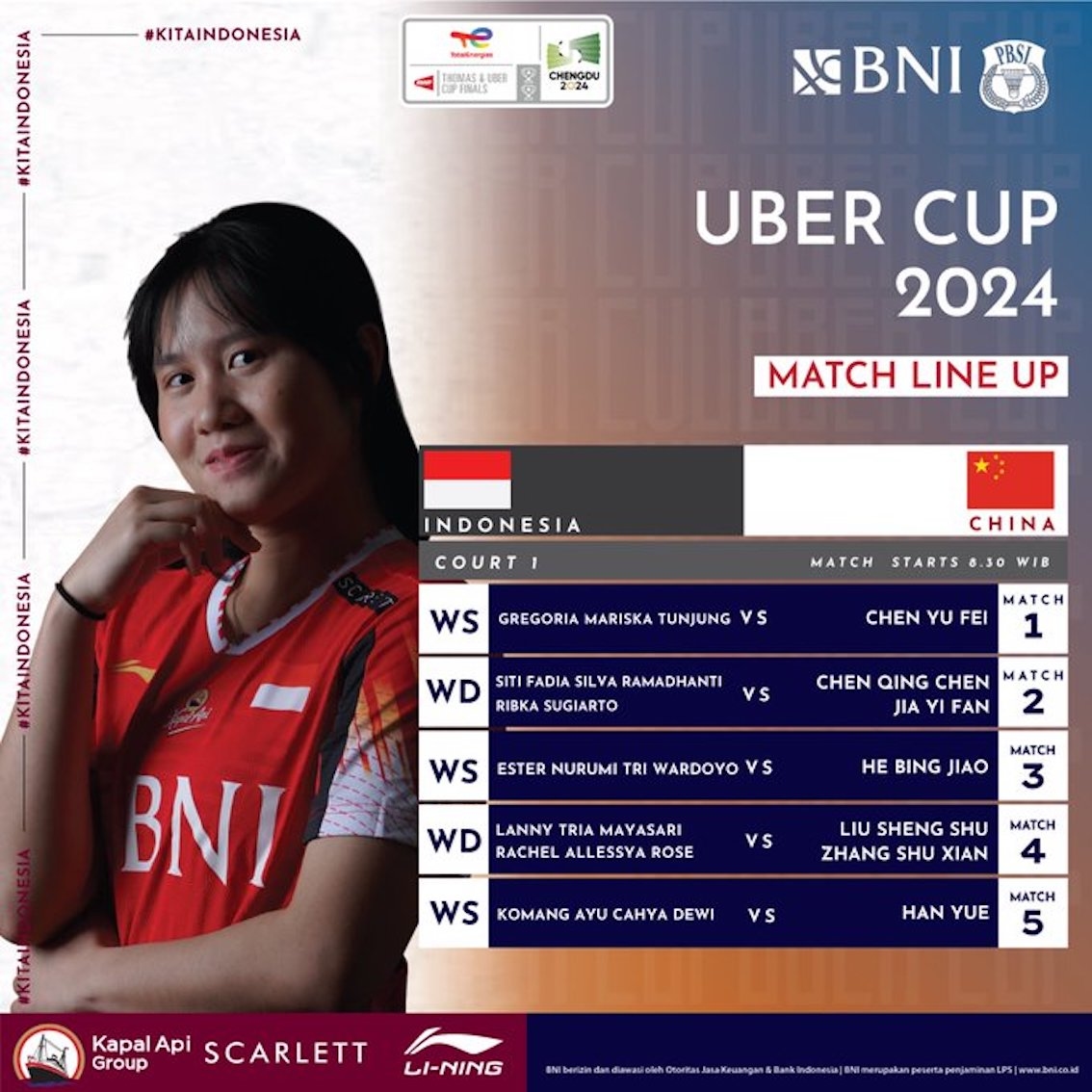 LINE UP dan Jadwal Final Piala Uber 2024 Indonesia vs China, Dua Ganda Dadakan Siap Bersaing, Minggu 5 Mei Pukul 08.30 WIB,