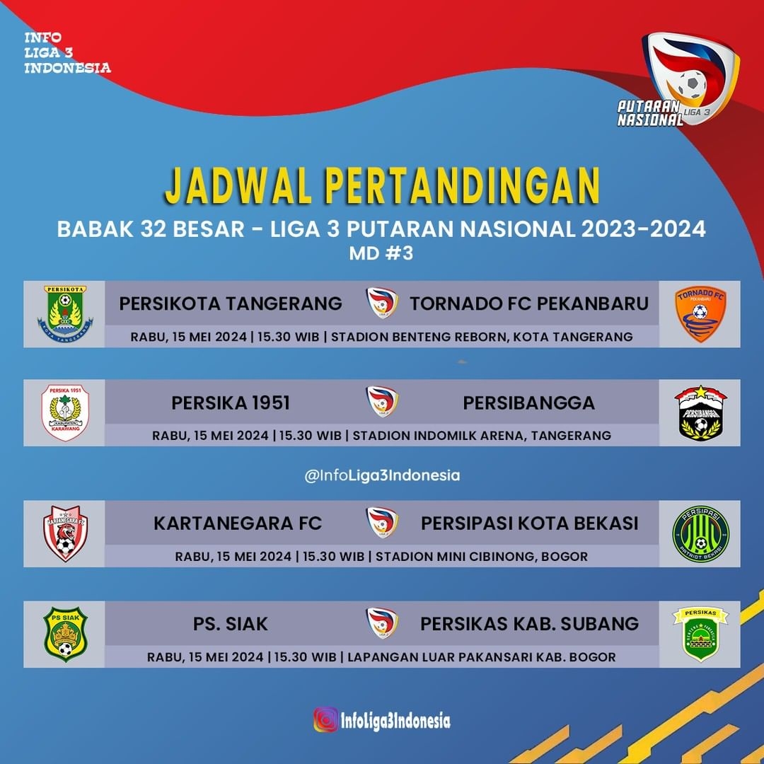 Berikut Jadwal Babak 32 Besar Liga 3 Nasional 2023/24 #MatchDay3 Grup 1,2,3,4 - Rabu, 15 Mei 2024