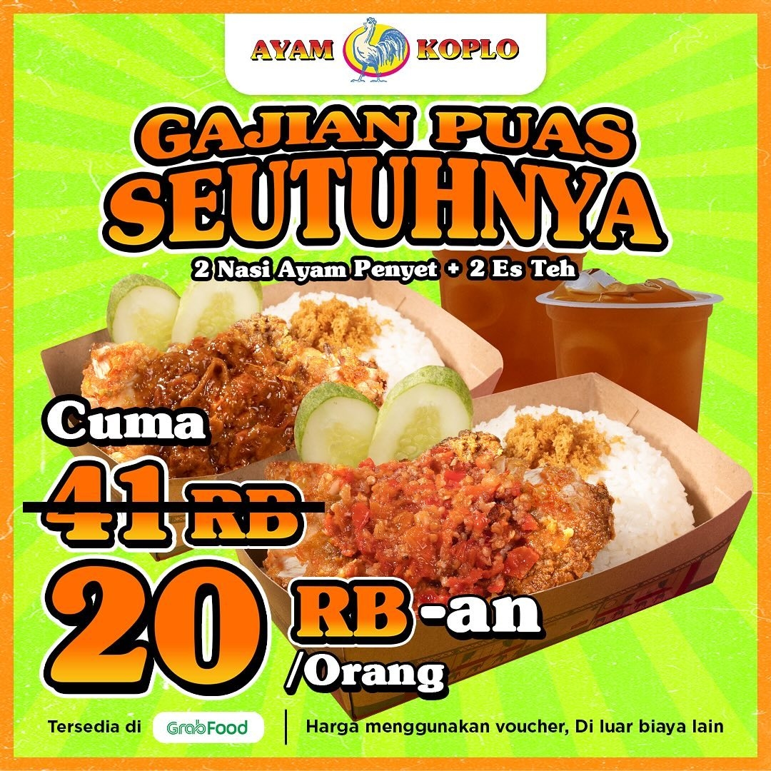 Promo Gila-Gilaan! 2 Ayam Penyet dan 2 Es Teh Manis Cuma 20 Ribu di Ayam Koplo, Buruan Pesan Sekarang di Grab Food!