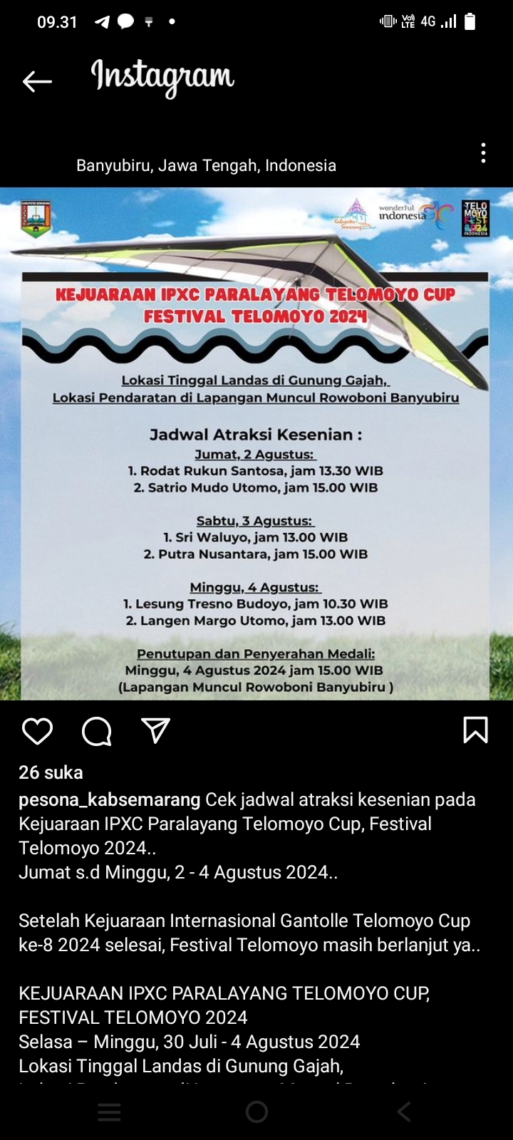 Festival Telomoyo, Atraksi Kesenian dan Bazar UMKM pada Kejuaraan IPXC Paralayang, Cek Jadwal