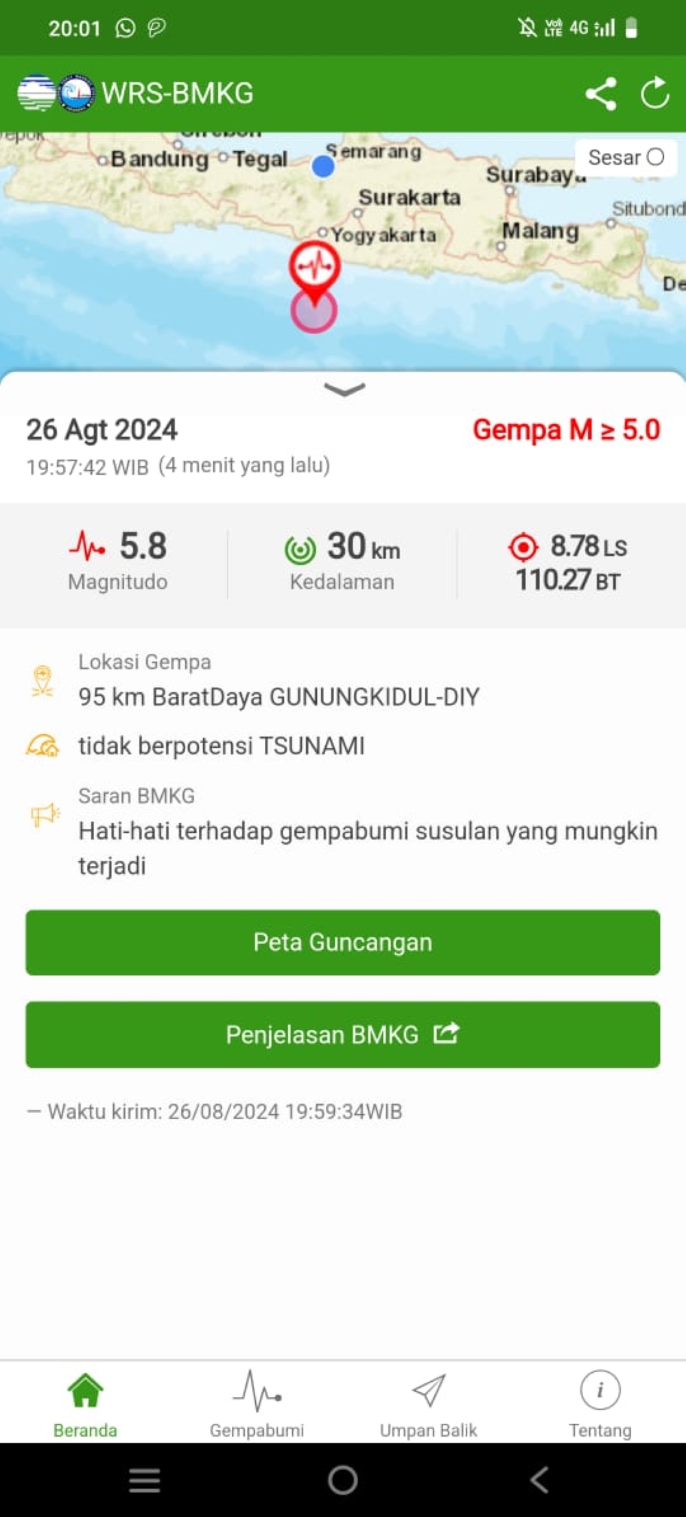 Gempa Bumi Bermagnitudo 5,8 Guncang Gunungkidul, Tidak Berpotensi Tsunami, Getaran Dirasakan Sampai Boja, Kendal