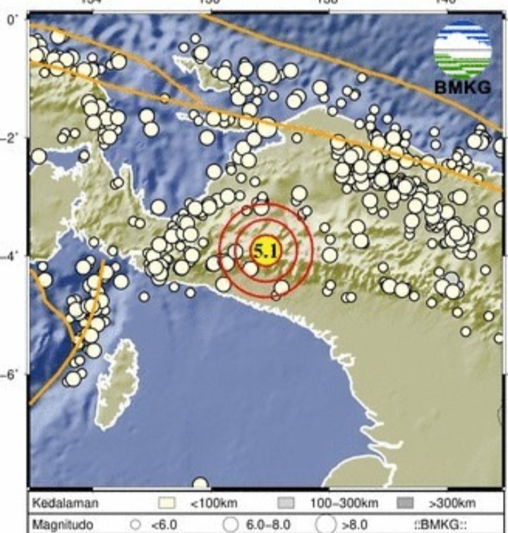 Gempa Papua 5,1M Pagi Ini Guncang Intan Jaya, Papua Tengah Getaran Terasa Hingga Jayapura,BMKG Imbau Kewaspadaan