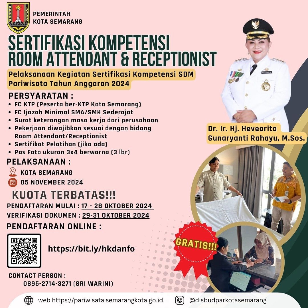 Jateng Vibes! Disbudpar Kota Semarang Gelar Sertifikasi Kompetensi Pariwisata: Kesempatan Emas Bagi Pelaku Industri Room Attendant dan Receptionist