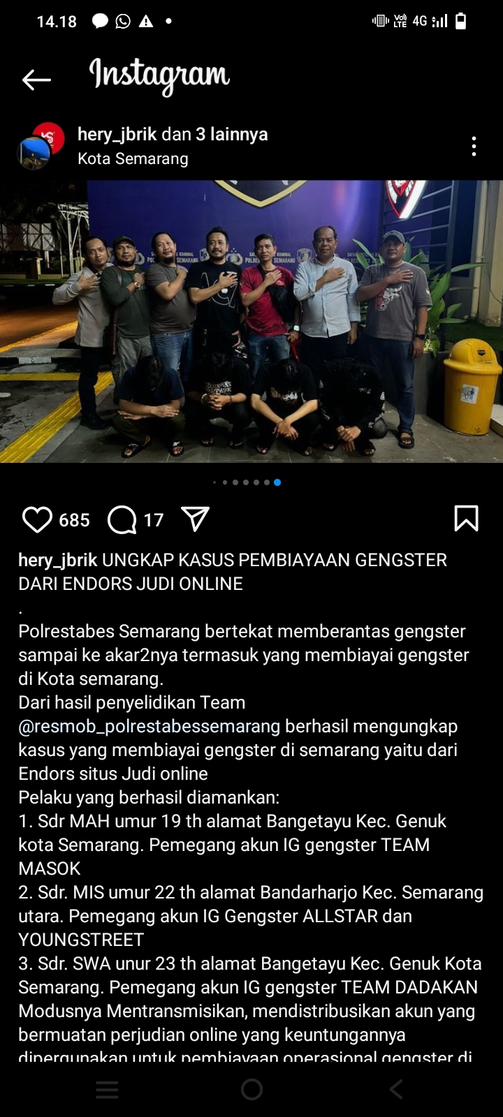 Polisi Ungkap Sumber Dana Gangster di Semarang, Berasal dari Endors Judi Online