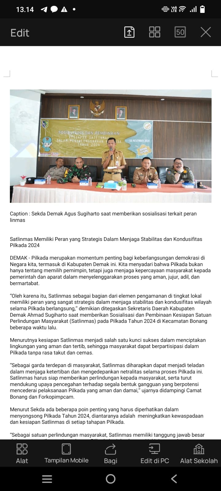 Satlinmas Memiliki Peran yang Strategis Dalam Menjaga Stabilitas dan Kondusifitas Pilkada 2024