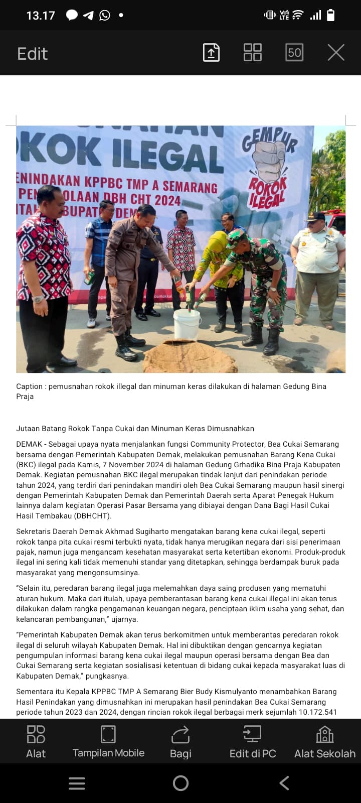 Jutaan Batang Rokok Tanpa Cukai dan Minuman Keras Dimusnahkan