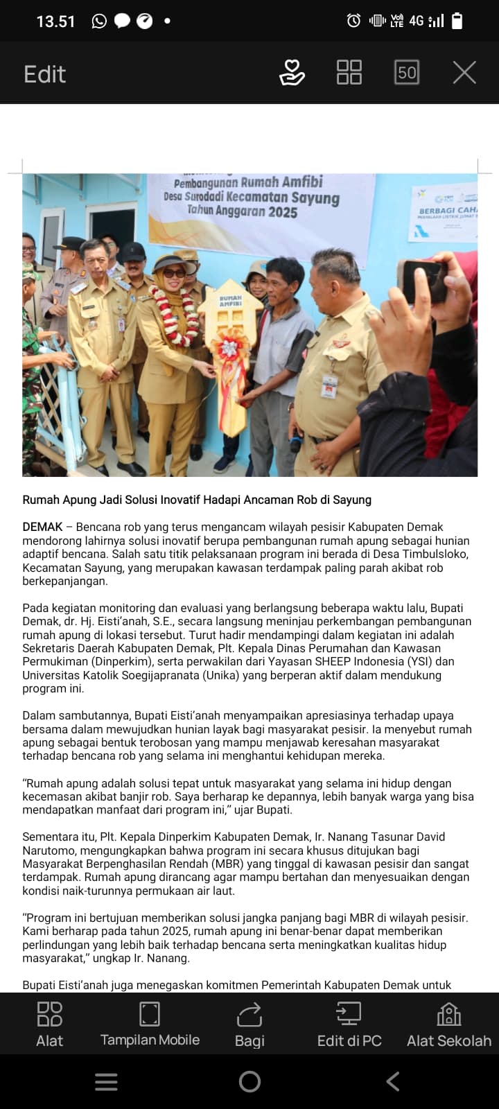 Rumah Apung Jadi Solusi Inovatif Hadapi Ancaman Rob di Sayung