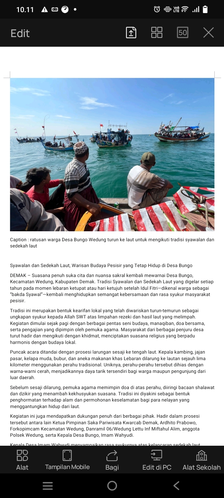 Syawalan dan Sedekah Laut, Warisan Budaya Pesisir yang Tetap Hidup di Desa Bungo