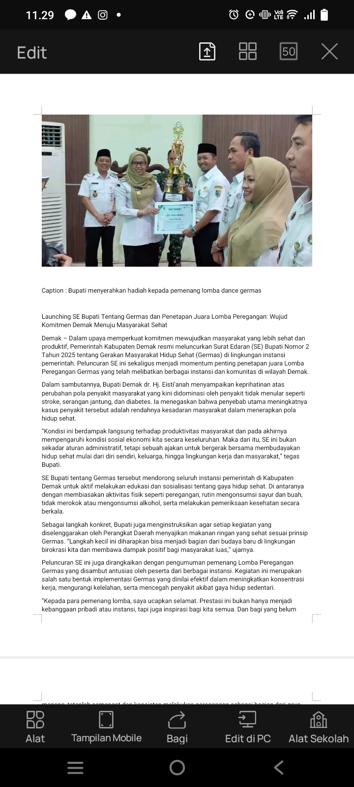 Launching SE Bupati Tentang Germas dan Penetapan Juara Lomba Peregangan: Wujud Komitmen Demak Menuju Masyarakat Sehat