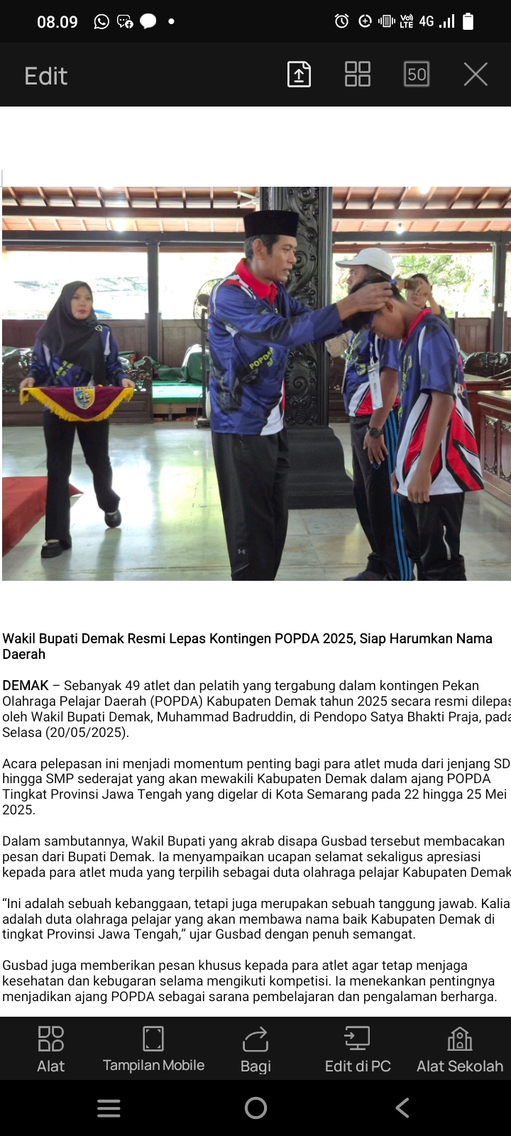 Wakil Bupati Demak Resmi Lepas Kontingen POPDA 2025, Siap Harumkan Nama Daerah